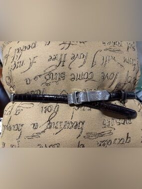 Women’s Dark Brown Croc-Embossed Leather Belt with Engraved Silver Buckle